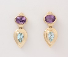 14K Yellow Gold Blue Topaz And Amethyst Earrings