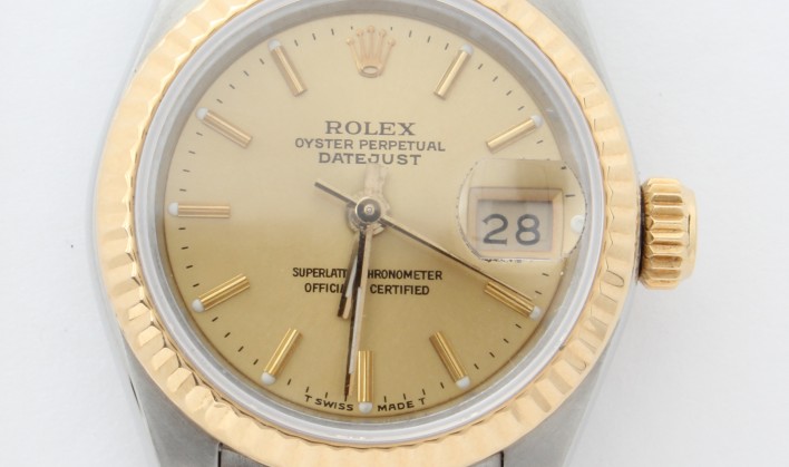 120-121-666 LADIES 18KY GOLD AND STEEL ROLEX DATEJUST MODEL#69173
