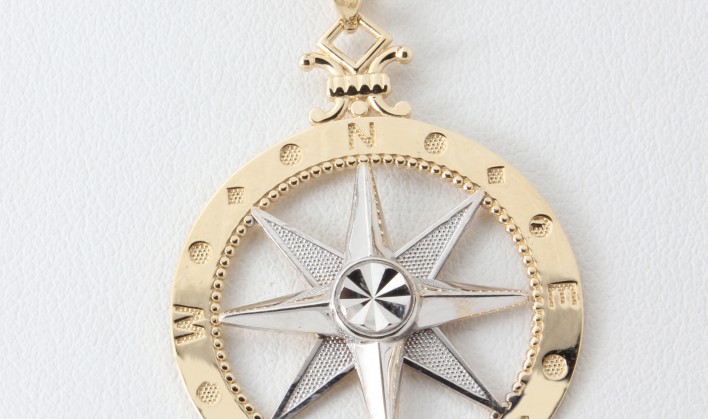 14K YELLOW GOLD AND RHODIUM COMPASS ROSE PENDANT